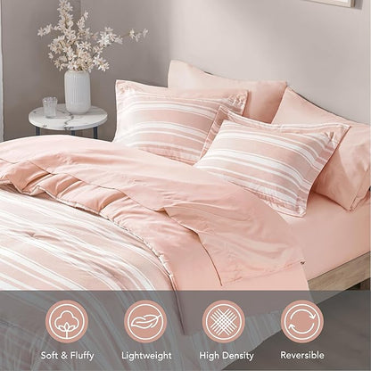 Codi Bed in a Bag Twin Size Complete Set, Pink and White Striped Single Comforter Set 5 Piece for Teen Girls, Modern Neutral Cationic Dyeing Bed Sets with Comforter, Sheets, Pillowcases & Shams