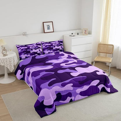 Queen Size Camouflage Comforter Set 3Pcs Kids Bedding Set for Boys Girls Teens 1 Comforter & 2 Pillowcases(Queen,Purple) Boys