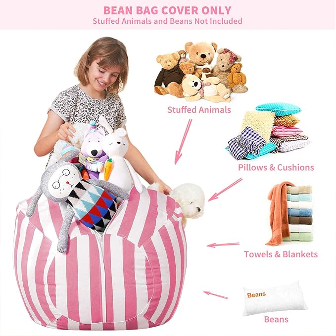 Aubliss Stuffed Animal Storage Bean Bag Chair Cover Only for Plush Toys, Blankets, X-Large 48"-Canvas Stripes Pink/White