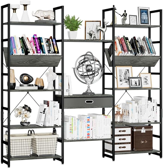 NUMENN Triple Wide 5 Tier Bookshelf, Adjustable Rustic Industrial Style Book Shelves, Modern Bookcases and Bookshelves Furniture for Bedroom, Living Room and Home Office, Dark Grey