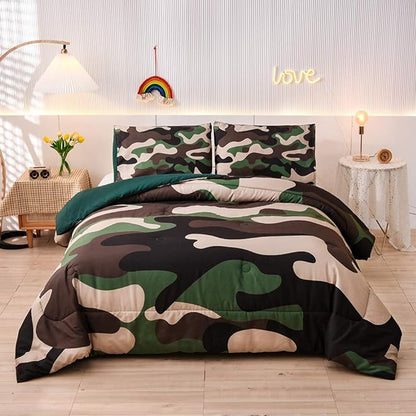 Meeting Story Army Green Camouflage Bedding Set, Camouflage Comforter Set, 3 PCS One Comforter and Two Pillowcases, All Season Soft Bedspread for Kids Teens Adults (Green, Queen)