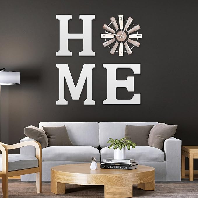 ZAZIWZ Farmhouse Home Signs with Windmill Clock Wall Decor Rustic Home Letters Wall Art for Living Room Kitchen Entryway Dining Room Bedroom (white)