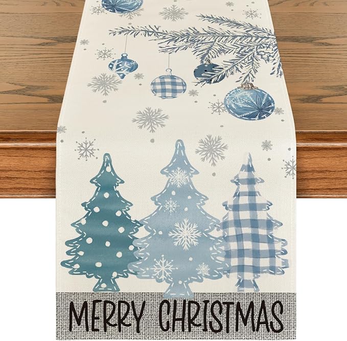 Artoid Mode Blue Pine Trees Merry Christmas Table Runner, Winter Xmas Holiday Kitchen Dining Table Decoration for Home Party Decor 13x60 Inch