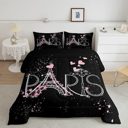 Eiffel Tower Comforter Set Chic Paris Bedding Set Romantic Theme Comforter for Boys Girls Children Teens Black Pink Bedroom Decor Modern French Style Duvet Set King Size with 2 Pillow Case