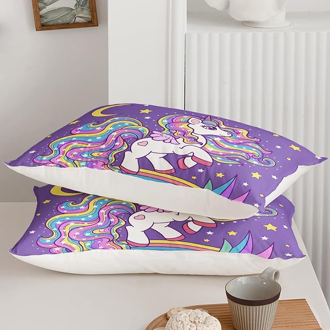 Unicorn Comforter King Size,Rainbow Unicorn Comforter Set for Kids Teens Girls,3Pcs Bedding Set Printed Comforter with 2 Pillowcases,Down Alternative,Soft and Lightweight(Purple，King Size)