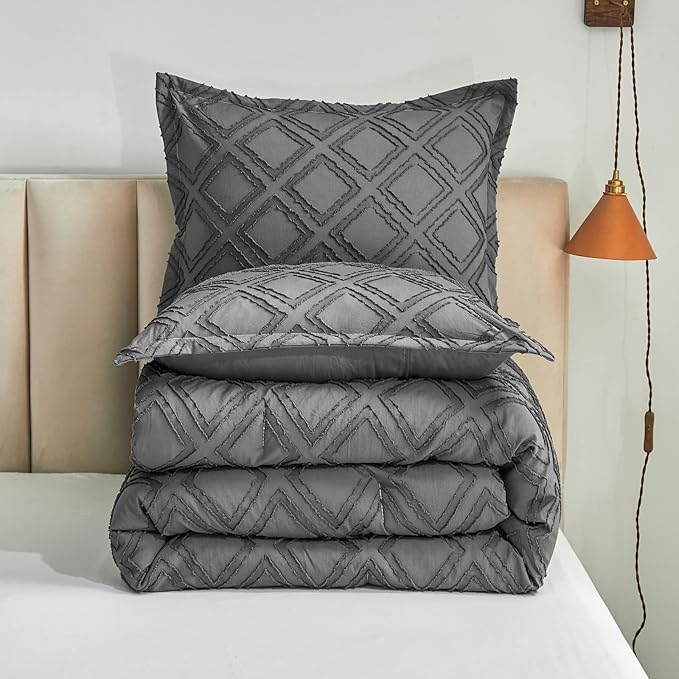 7 Pieces Tufted Bed in a Bag Queen Comforter Set with Sheets Dark Grey, Soft and Embroidery Shabby Chic Boho Bohemian, Solid Color with Diamond Pattern, Jacquard Tufts Bedding Set for All Season
