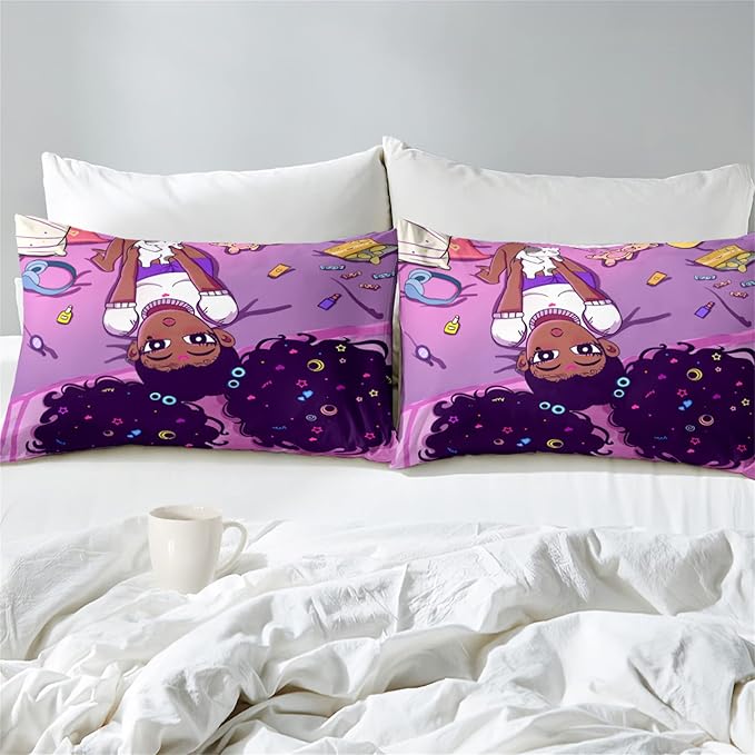 Pink Black Girl Comforter Sets for Girls, Soft African American Girls Full Size Comforter Sets for Girls Teens, 3Pcs Little Fluffy Afro Gilr Comforter Bedding Set with 2 Pillowcases, Full Size