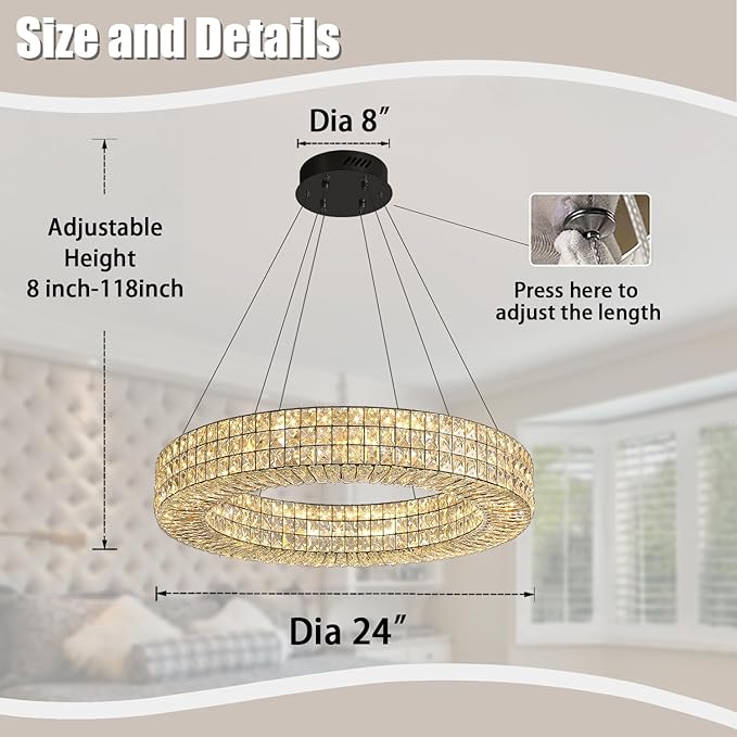 Dia 24" Modern Crystal Chandelier Black Ring Chandelier Adjustable Height Luxury Crystal Pendant Ceiling Light Fixture for Dining Living Room Bedroom
