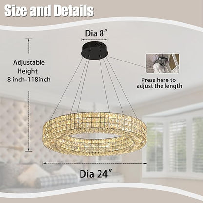 Dia 24" Modern Crystal Chandelier Black Ring Chandelier Adjustable Height Luxury Crystal Pendant Ceiling Light Fixture for Dining Living Room Bedroom