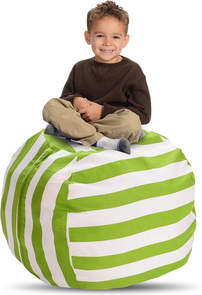 Creative QT Stuff ’n Sit Large 33’’ Bean Bag Storage Cover for Stuffed Animals & Toys – Green & White Stripe – Toddler & Kids’ Rooms Organizer – Beanbag Makes Great Plush Toy Hammock Alternative