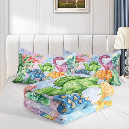 Datura home Kids Dinosaur Comforter Set for Girls Women,Cute Mermaid Scales and Rainbow Cloud Printed Pattern Kawaii Dinosaur Bedding Set with 2 Pillowcases(Dinosaur Rainbow Queen)