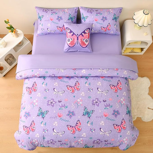 Butterfly Bedding Set Full, Purple Butterfly Comforter Set for Girls Kids Teens 6 pcs Bed in a Bag Full Bedding Sets for Girls