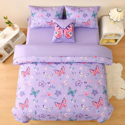 Butterfly Bedding Set Twin, Purple Butterfly Comforter Set for Girls Kids Teens 6 pcs Bed in a Bag Twin Bedding Sets for Girls