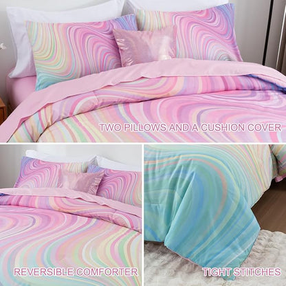 Btargot Super Soft 6 Pieces Gradient Wavy Line Comforter Set, Colorful Glitter Rainbow Star Pattern Bedding Set for Boys Girls Teens, Twin Pink Green
