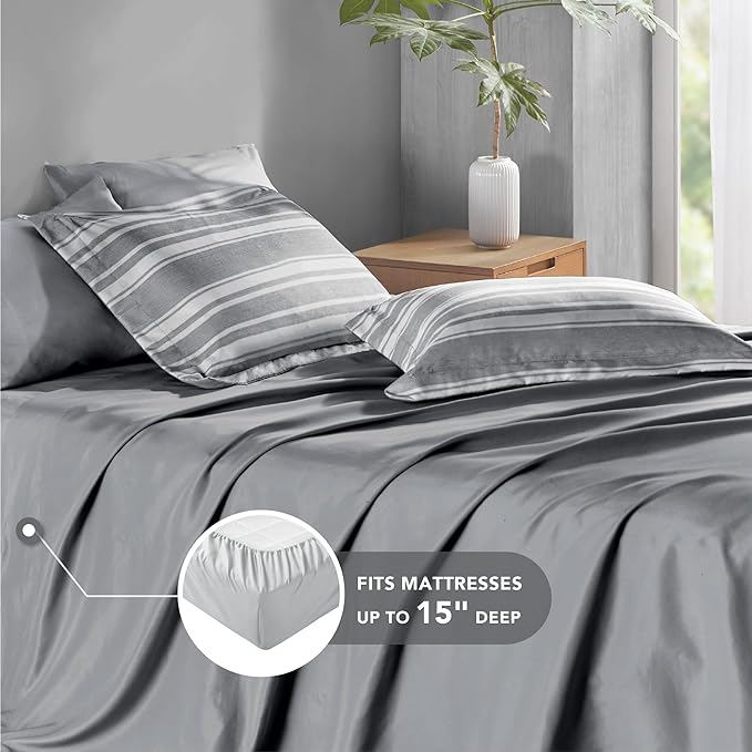 Full-size Bed in a Bag, Full Bedding Sets, Modern Farmhouse Grey and White Striped Comforter with Sheets, 7-Piece Complete Bedroom Set