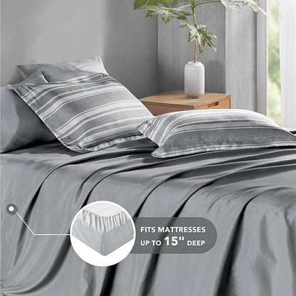Full-size Bed in a Bag, Full Bedding Sets, Modern Farmhouse Grey and White Striped Comforter with Sheets, 7-Piece Complete Bedroom Set