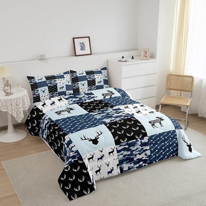Cute Deer Comforter Set Full, Military Camo Bedding Set for Kids Boys Teens Bedroom Tribal Animal Antlers Silhouette Quilted Comforter Checkered Plaid Arrows Bedding Comforters, Army Blue and White