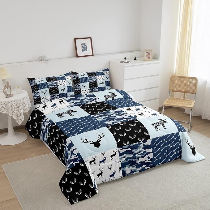 Cute Deer Comforter Set King, Military Camo Bedding Set for Kids Boys Girls Teens Bedroom Tribal Animal Antlers Silhouette Quilted Comforter Checkered Plaid Arrows Bedding Comforters, Army Blue&White