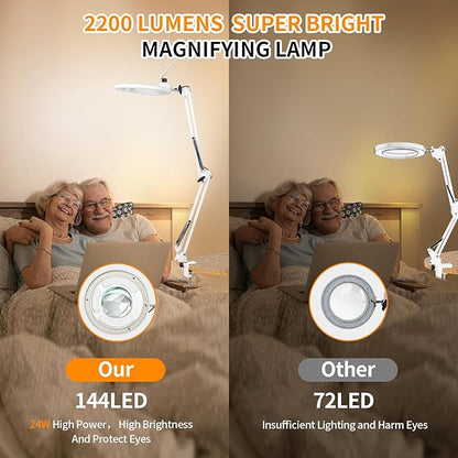HITTI 10X Long Magnifying Glass with Light and Stand, 2200 Lumens Dimmable Bright Workbench Light, Ajustable Swing Arm LED Lighted Magnifier, Magnifying Lamp with Clamp for Hobby Repair Craft - White