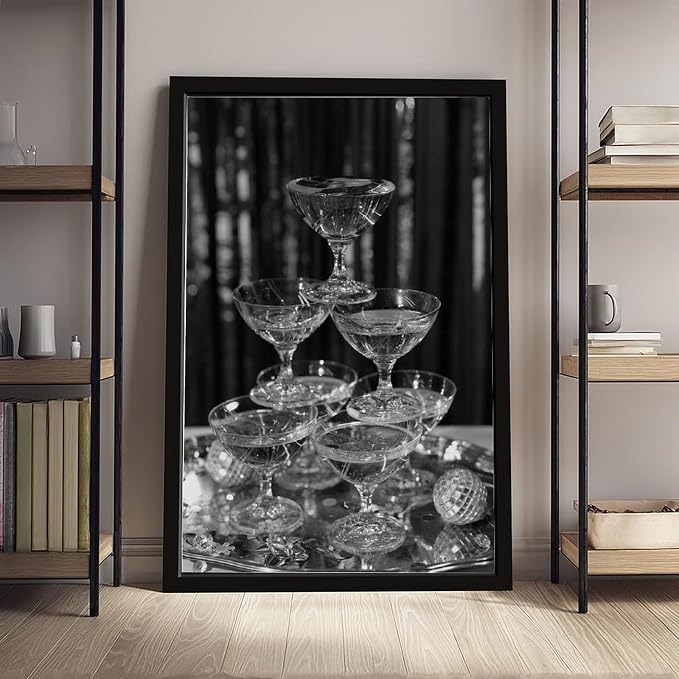 UXCBIA Stacked Champagne Glasses With Mirror Balls, Black And White, Wine Glasses Poster Canvas Poster Bedroom Decor Sports Landscape Office Room Decor Gift Black Frame 16x24in(40x60cm)