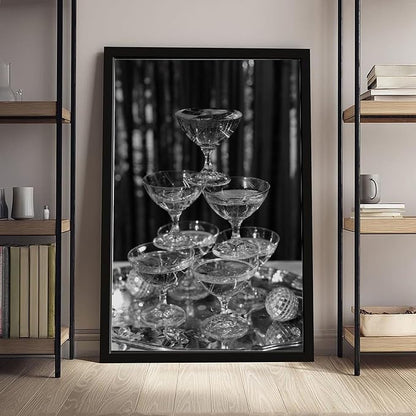 UXCBIA Stacked Champagne Glasses With Mirror Balls, Black And White, Wine Glasses Poster Canvas Poster Bedroom Decor Sports Landscape Office Room Decor Gift Black Frame 16x24in(40x60cm)