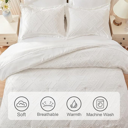 EMME Queen Comforter Set - 7 Pcs White Boho Bedding Sets, Full Size Tufted Comforter with Sheets, Shabby Chic Embroidery Bed Set Fluffy Bed Bag for All Season(90"X90")