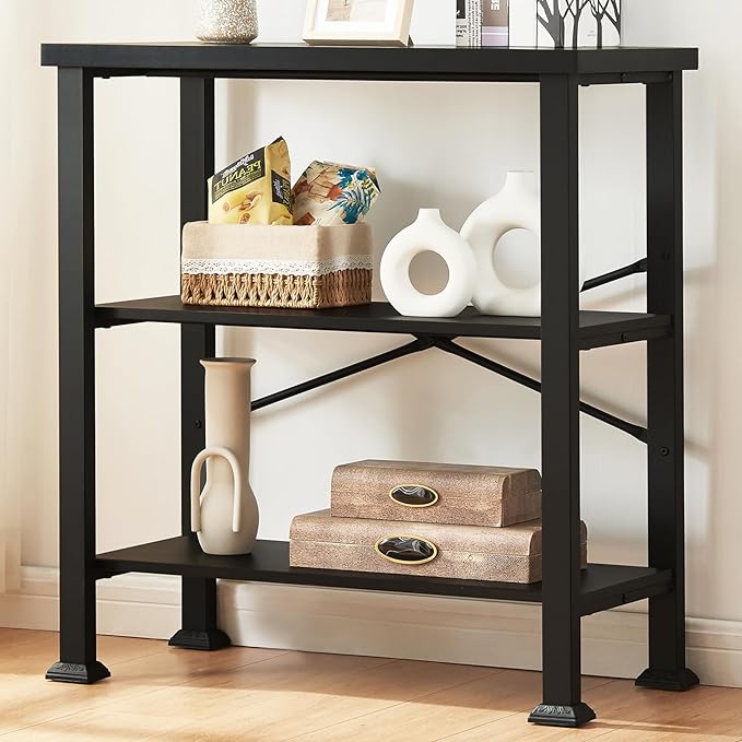 HOMBAZAAR Bookshelf, 3-Tier Vintage Industrial Book Shelf, Rustic Wood and Metal Bookcase and Bookshelves, Free Standing Storage Small Bookshelf for Living Room, Bedroom and Kitchen, Black