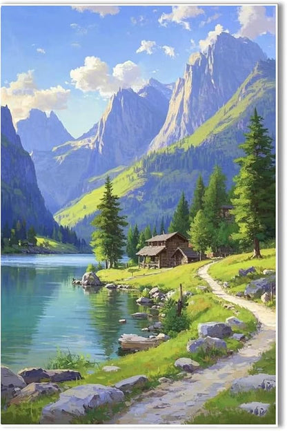 Landscape wall painting of mountain forest lakeside cabin under blue sky and white clouds natural oil painting poster suitable for living room bedroom office
