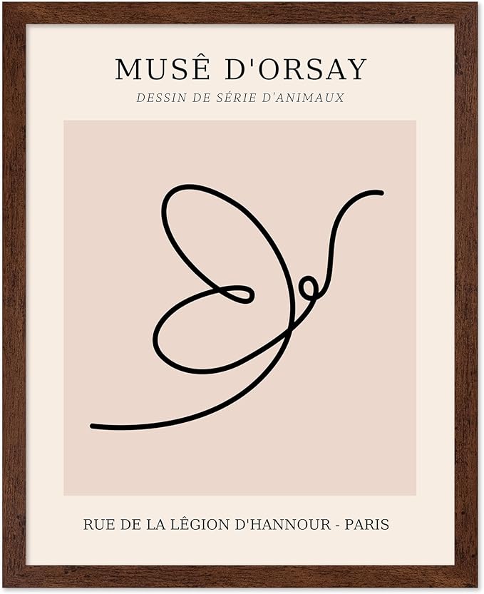 Poster Master Vintage Poster - Retro One Line Butterfly Drawing Print - Butterfly Line Art - Minimal Gift for Him, Her, Animal Lover - Abstract Decor for Home, Office, 16x20 Brown Framed