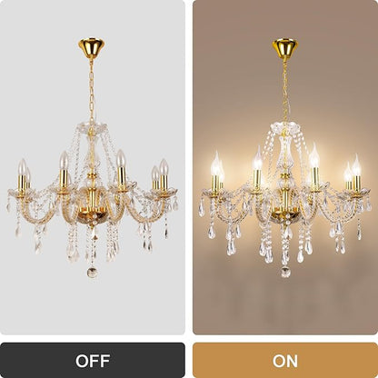 Modern Elegant 8 Lights K9 Crystal Glass Chandelier Golden Pendant Ceiling Lighting European Style for Dining Living Room Bedroom Transparent, 8 E12 Bulbs Required