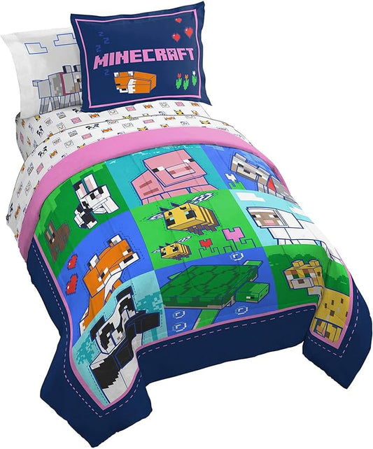 Jay Franco Minecraft Animal Patch 7 Piece Full Bed Set - includes Comforter & Sheet Set Bedding - Super Soft Fade Resistant Microfiber (Official Minecraft Product)