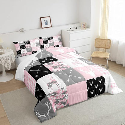 Deer Antlers Comforter Set Queen Size,Camo Western Rustic Farmhouse Xmas Bedding 3pcs for Kids Teens Boys Girls Room Decor,Boho Arrows Geometric Plaids Down Comforter,Pink Duvet Insert,2 Pillowcases