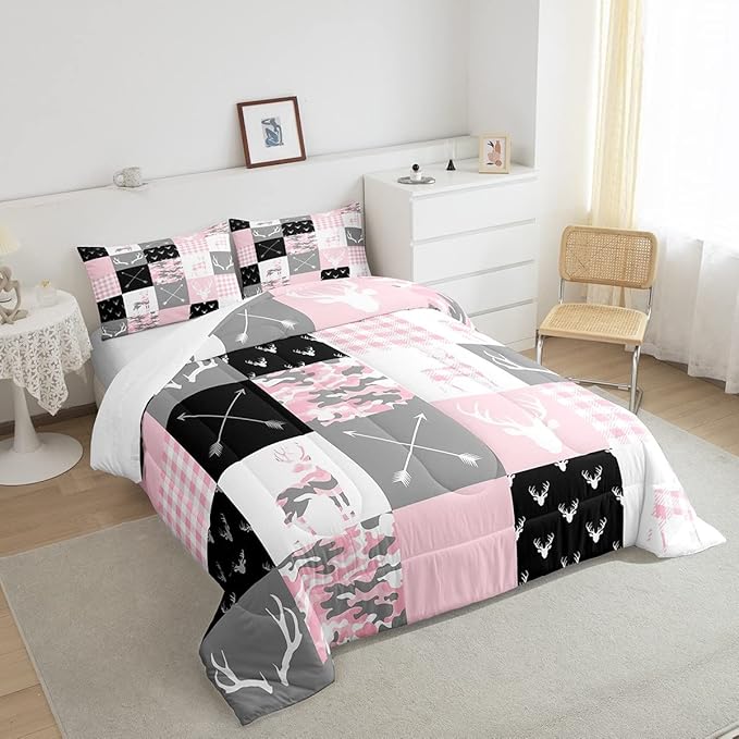Pink Camo Deer Silhouette Kids Comforter Set King Size,Rustic Farmhouse Animals Hunting Bedding 3pcs for Boys Girls Room Decor,Antlers Boho Arrow Geometric Plaids Patchwork Duvet Insert,2 Pillowcases