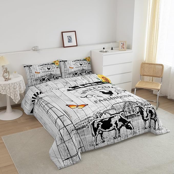 Erosebridal Windmill Bedding King Size, Rustic Farmhouse Comforter Set Retro Vintage Windmill Bedding Comforter Sets, Wooden Planks Barn Door Down Comforter with 2 Pillowcases for All Season