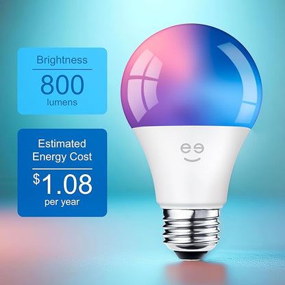 Geeni Smart Light Bulbs - Color Changing & Tunable White, Dimmable, Works with Alexa & Google Home, 2.4 GHz WiFi, A19, 800 lm, 4 Pack