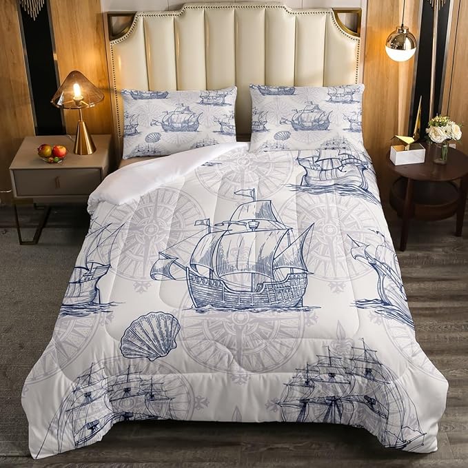 Nautical Comforter Set Sailboat Down Comforter Full,Blue White Vintage Style Quilted Duvet Set Luxury Anchor Crab Pattern Bedding Insert Set for Kids, Adult Teen Boys Girls Bedroom Ocean Beach Decor