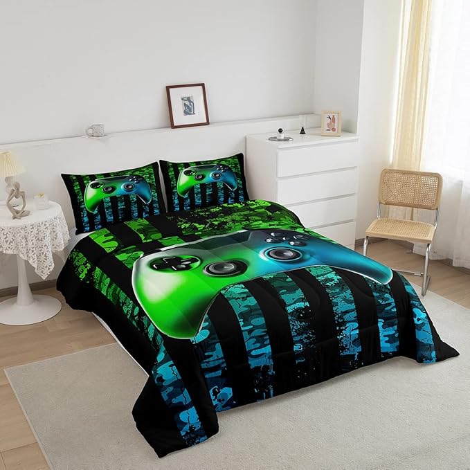Gamer Comforter Set Queen Kids Boys Teens Usa Flag Stars Down Comforter Gaming Comforter Gamer Room Decor Camo Video Game Bedding Set, Gamepad Console Duvet, Youth Young Man Quilt, Grunge Style