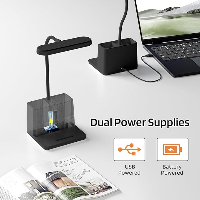 AXX LED Desk Lamp for Home Office, Battery Operated Desk Light for Computer/Desktop - Black, Small, Cute, 3 Way, Rechargeable, Flexible Gooseneck, Pen Holder - Study Table Lamp for Bedroom Reading