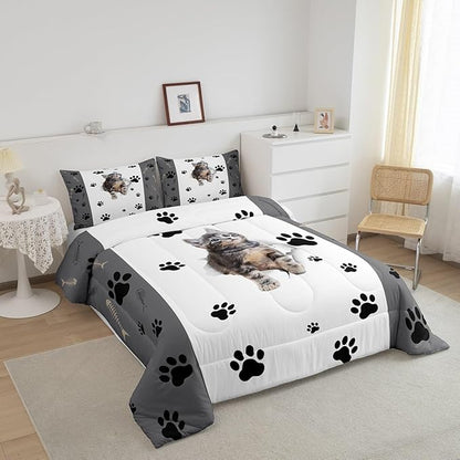 Kids Cat Comforter Set Full,3D Cute Kawaii Cat Bedding Set Lovely Animal Kitten Paw Print Down Comforter For Girls Boys Cat Lovers' Bedroom,Fish Bone Decor Quilt Duvet Set Grey White 2 Pillow Cases