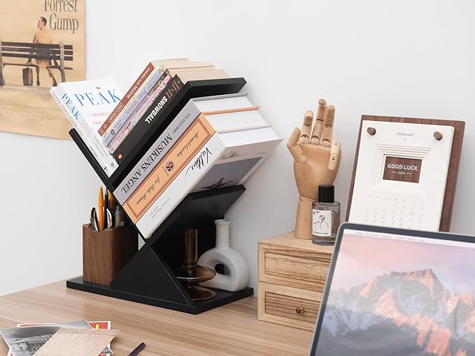 Labcosi 2 Tier Tree Bookshelf, Small Bookshelf for Storing Books/CDs, Wood Book Organizer Shelves for Home Office, Bedroom, Living Room, Black