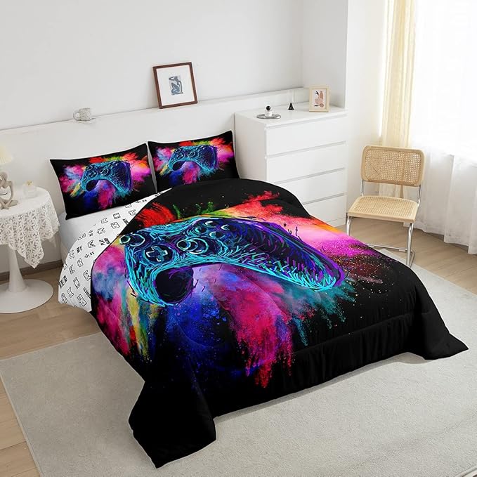 Erosebridal Boys Gaming Bed Comforter Set Queen Size,Kids Gamer Bedding Sets Girls,Colorful Tie Dye Video Game Quilt Comforter Navy Blue Gamepad Lightweight Bedding Set 1 Comforter with 2 Pillowcases