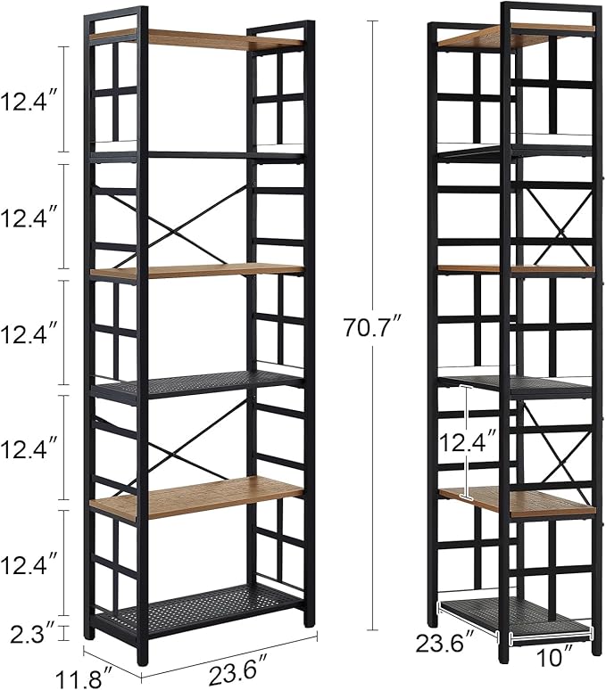 HOMBAZAAR Bookshelf,6 Tier Tall Bookshelf with Metal Frame,Open Bookshelves and Bookcases,Industrial Book Shelf for Living Room,Home Office and Bedroom,Rustic Brown
