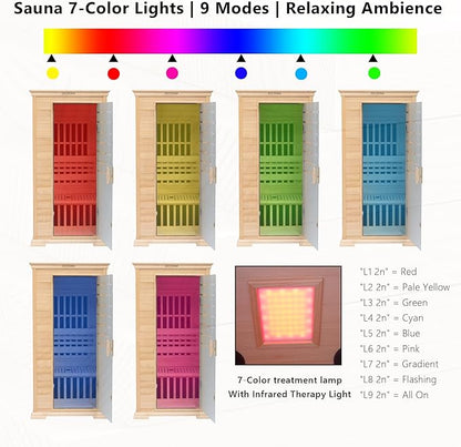 1-Person Home Infrared Dry Sauna Cabin 1600W/110V – Canadian Hemlock Wood, Tempered Glass Door, Red-Light Therapy & Bluetooth Speaker, Easy DIY Assembly, Size 37.1″×35.8″×74″