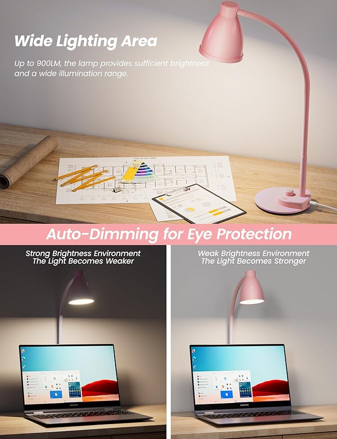 BOHON Cute Desk Lamp with USB Charging Port, Pink Lamp 3 Color Modes Dimmable Reading Lamp, Flexible Gooseneck Table Light Auto Dimming Task Lamp, LED Desk Light for Home Office Dorm Bedside, Pink