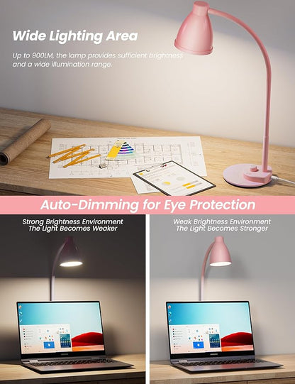 BOHON Cute Desk Lamp with USB Charging Port, Pink Lamp 3 Color Modes Dimmable Reading Lamp, Flexible Gooseneck Table Light Auto Dimming Task Lamp, LED Desk Light for Home Office Dorm Bedside, Pink
