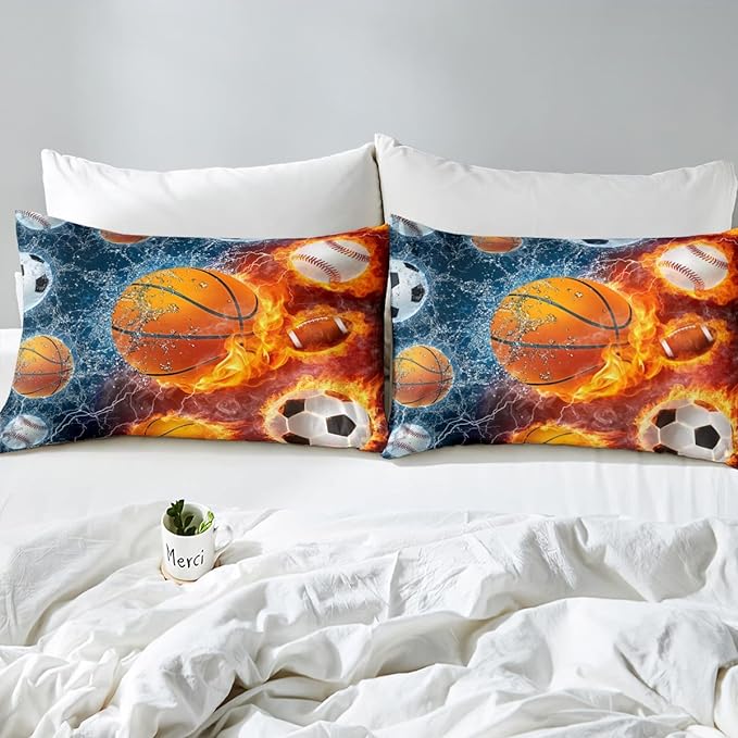 Erosebridal Sports Bedding Set for Boys Queen,Baseball Basketball Comforter Set Soccer Football Bedding Comforter Sets for Kids Teens Men,Red Blue Ice Fire Lightning Decor Quilt Duvet Set 3 Pcs