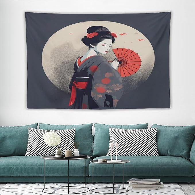 Japanese Woman Geisha Tapestry Asian Red Cherry Blossom Red Sun Traditional Kimono Folk Tapestries Home Decor for Living Room Bedroom Apartment Farmhouse Dorm 90"x60"