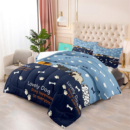 Cute Cartoon Dog Comforter Set 3Pcs Full Comforter Set for Boys Lovely Puppy Patterns Bedding Set Fun Animal Lover Comforter Lovely Dog Paw Bones Quilt with 2 Pillowcases, Full Size