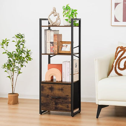 Yoobure Bookshelf, 4 Tier Book Shelf with Drawer, Small Bookcase Narrow Book Case, Industrial Bookshelves Shelf for Bedroom Living Room Office, Book Storage Organizer for CD/Movie Rustic Brown
