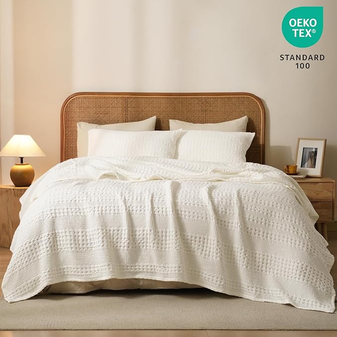PHF 100% Cotton Waffle Weave Blanket Queen Size, Soft Lightweight Breathable Cozy Summer Blankets for Bed, Luxury Aesthetic Woven Bedding for Home Decor, 90"x90", Ivory